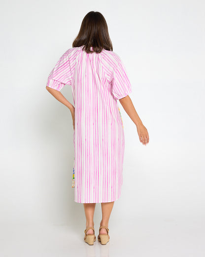 Citron Cotton Shirt Dress - Lemon/Pink Stripe Splice