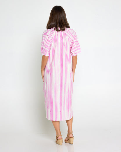 Citron Cotton Shirt Dress - Lemon/Pink Stripe Splice