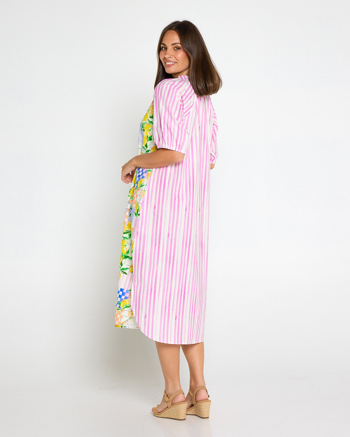 Citron Cotton Shirt Dress - Lemon/Pink Stripe Splice