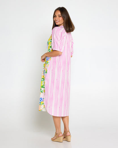 Citron Cotton Shirt Dress - Lemon/Pink Stripe Splice