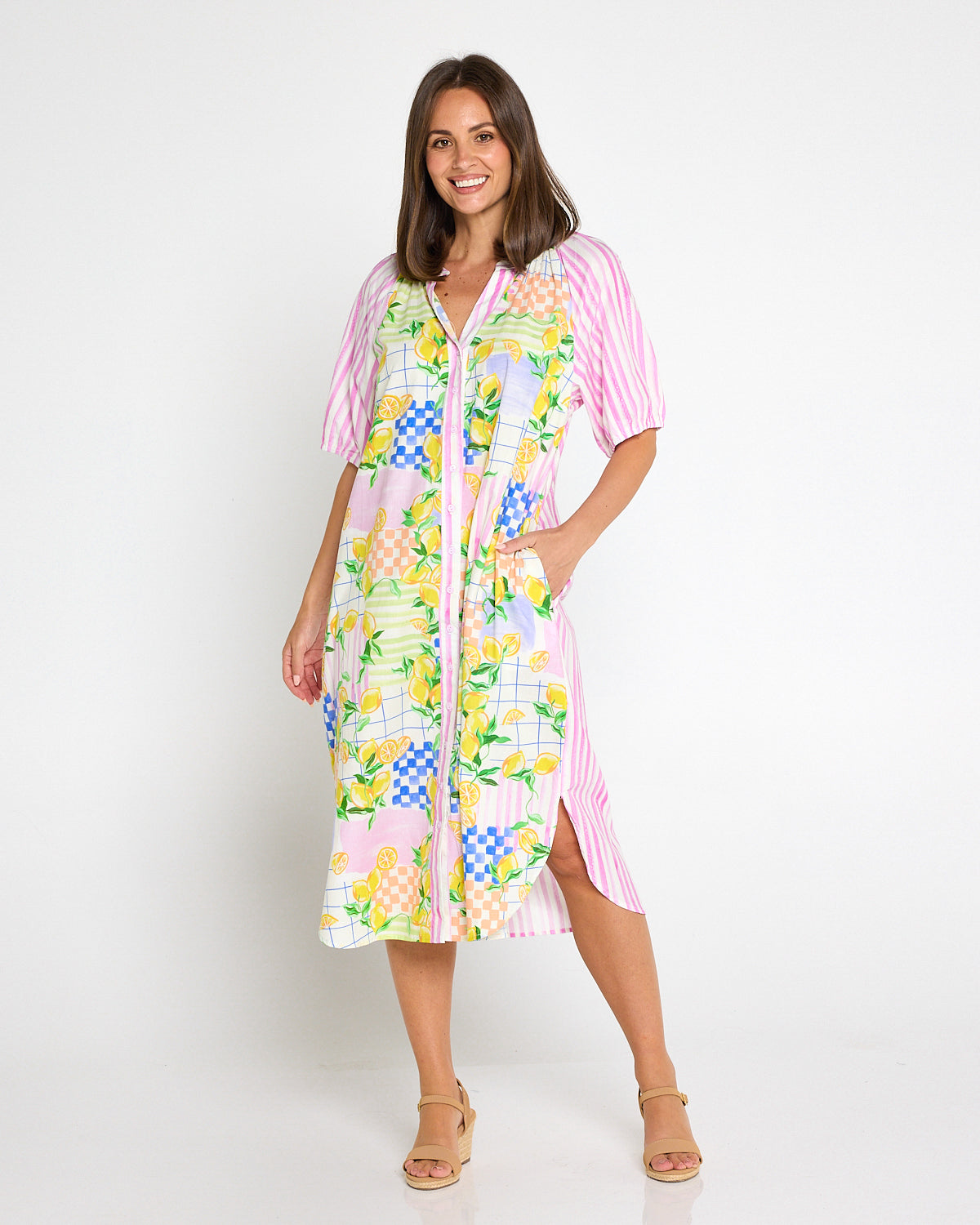 Citron Cotton Shirt Dress - Lemon/Pink Stripe Splice