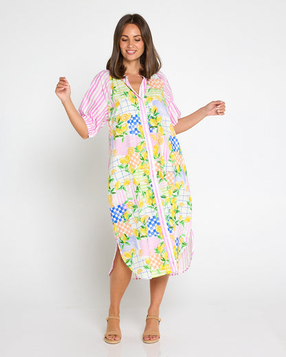 Citron Cotton Shirt Dress - Lemon/Pink Stripe Splice