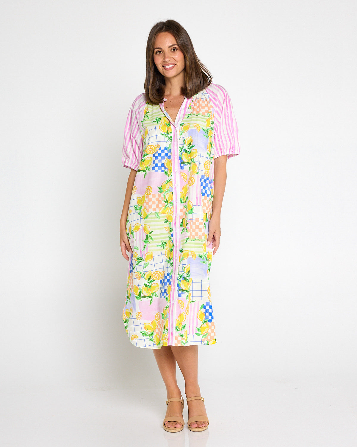 Citron Cotton Shirt Dress - Lemon/Pink Stripe Splice