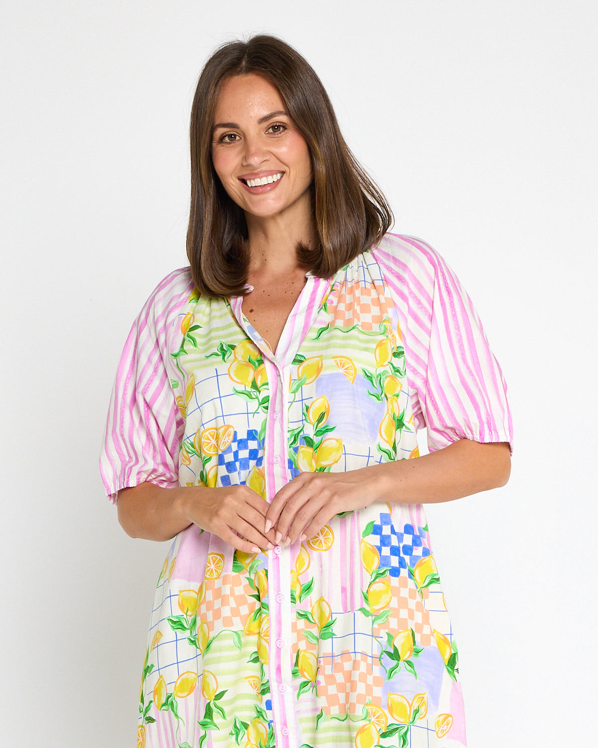 Citron Cotton Shirt Dress - Lemon/Pink Stripe Splice