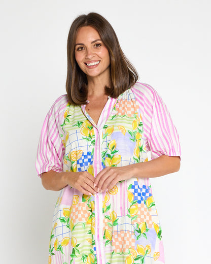Citron Cotton Shirt Dress - Lemon/Pink Stripe Splice