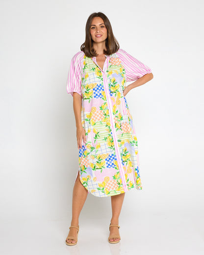 Citron Cotton Shirt Dress - Lemon/Pink Stripe Splice