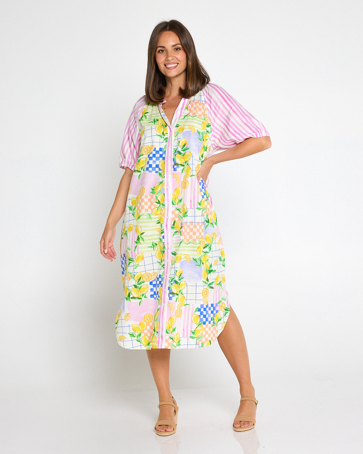 Citron Cotton Shirt Dress - Lemon/Pink Stripe Splice
