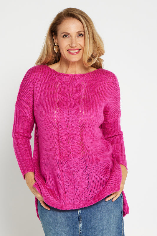 Henley Cable Knit Jumper - Hot Pink
