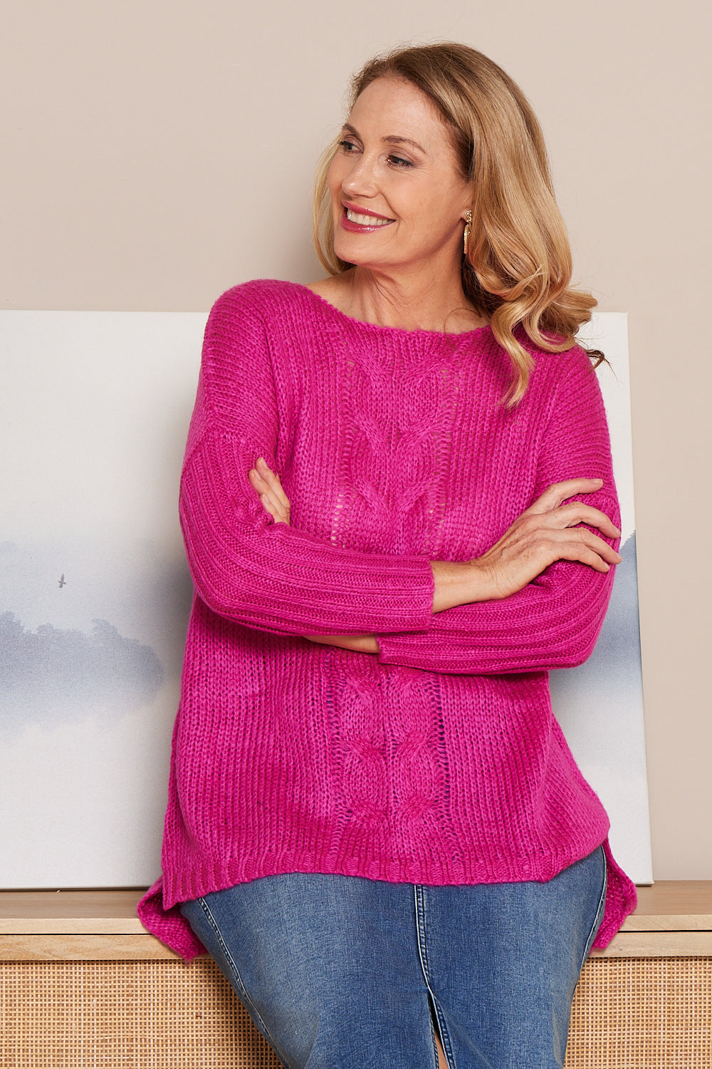 Henley Cable Knit Jumper Hot Pink Cafe Latte Winter 2023