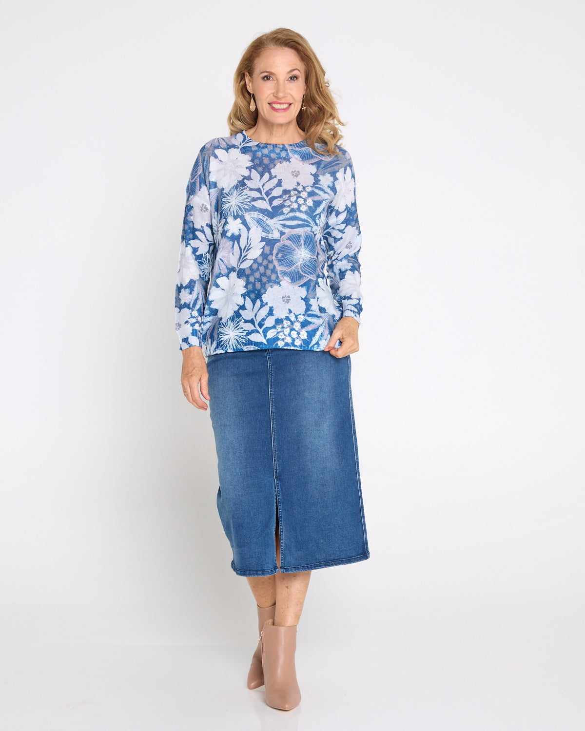 Amina Knit Top  - Denim Floral