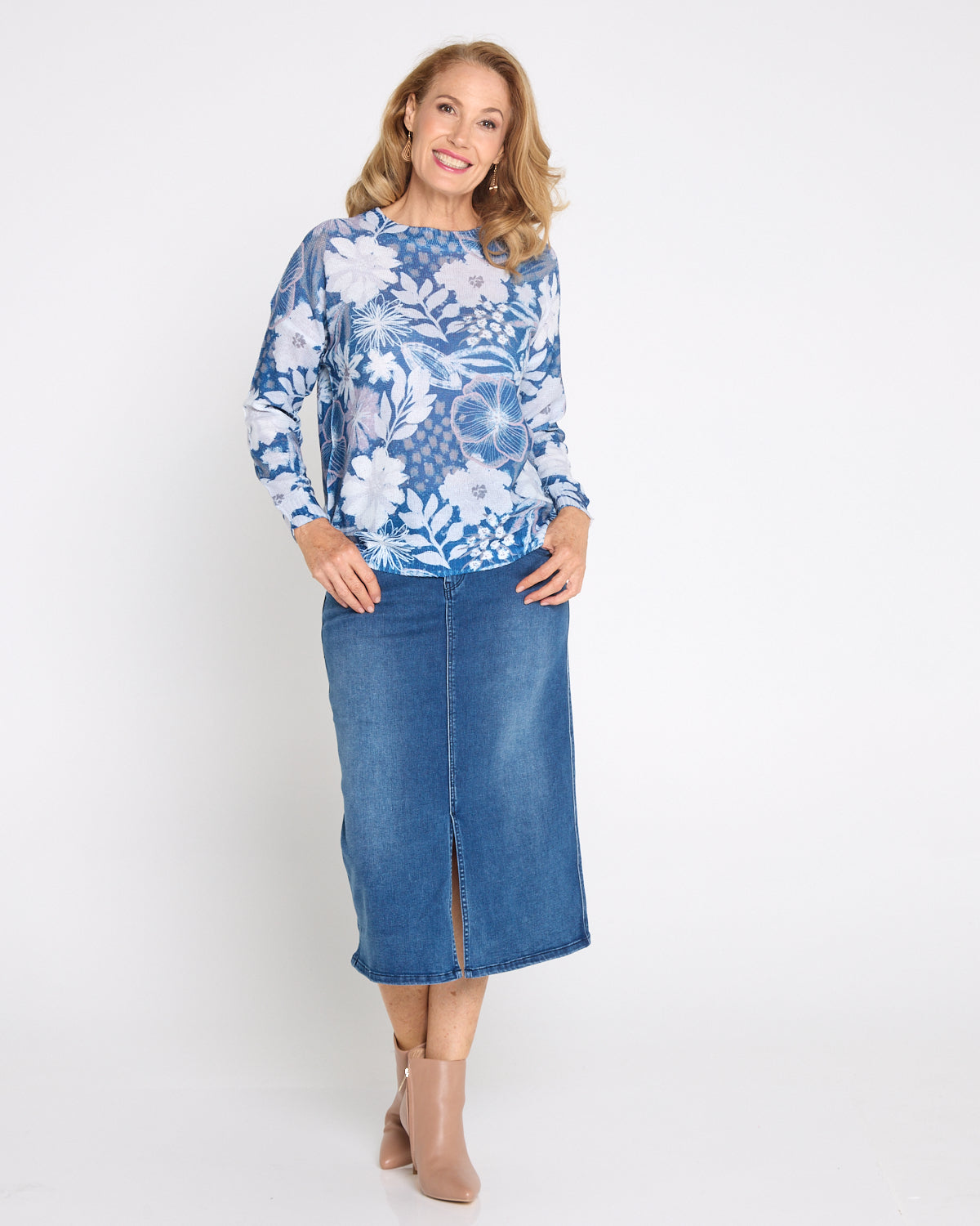 Amina Knit Top  - Denim Floral