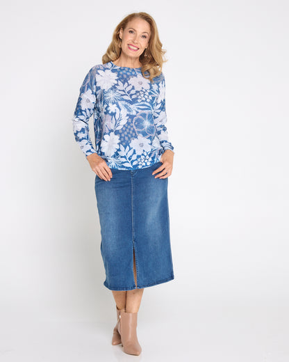 Amina Knit Top  - Denim Floral