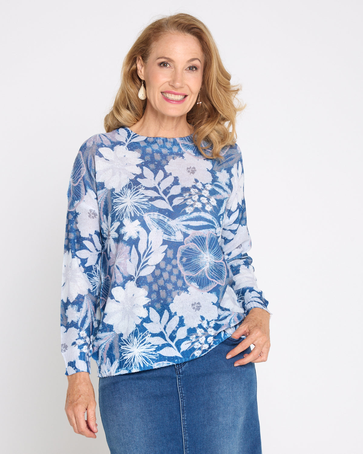 Amina Knit Top  - Denim Floral