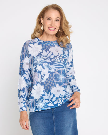 Amina Knit Top  - Denim Floral