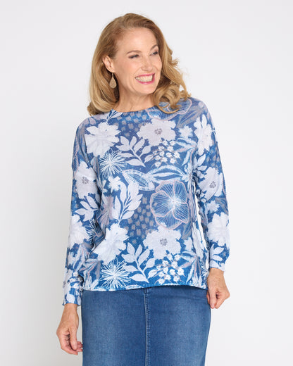 Amina Knit Top  - Denim Floral
