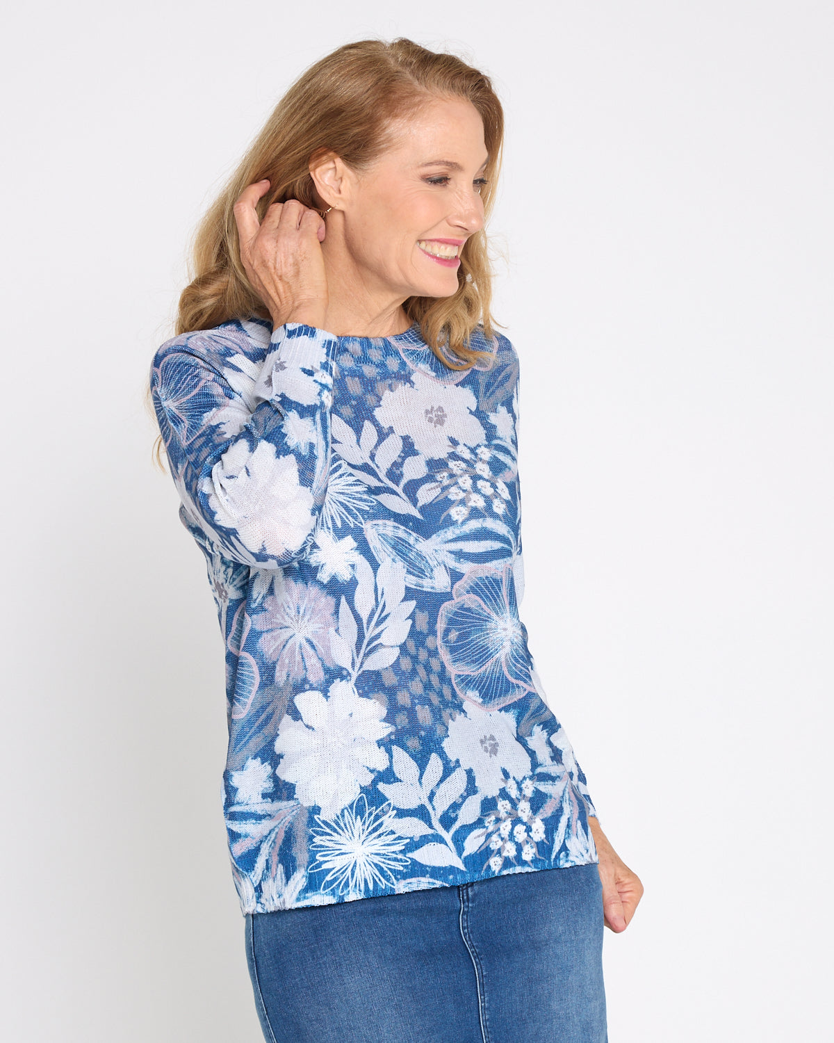 Amina Knit Top  - Denim Floral
