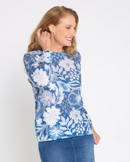 Amina Knit Top  - Denim Floral
