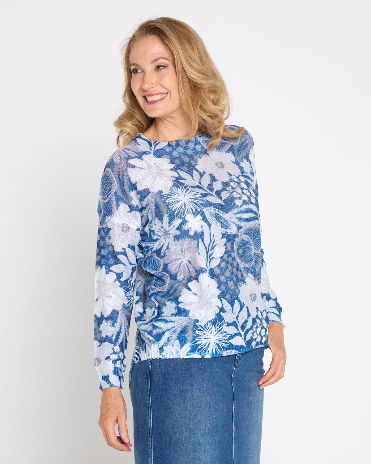 Amina Knit Top  - Denim Floral