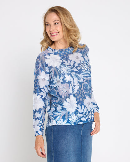 Amina Knit Top  - Denim Floral