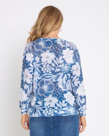 Amina Knit Top  - Denim Floral