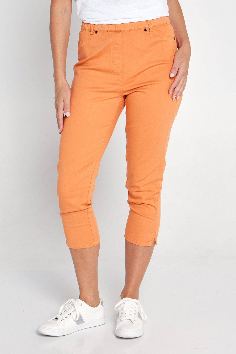 Stefani Capri Pants - Orange  Cafe Latte Stretch Cotton Capri Jegging –  TULIO Fashion