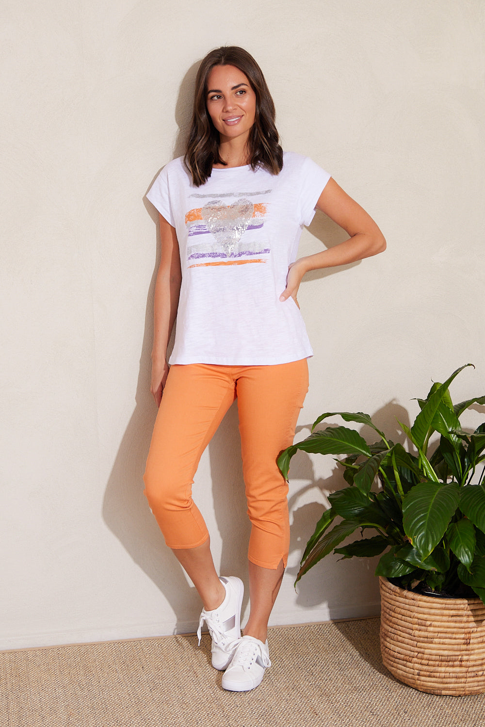 Stefani Capri Pants - Orange  Cafe Latte Stretch Cotton Capri