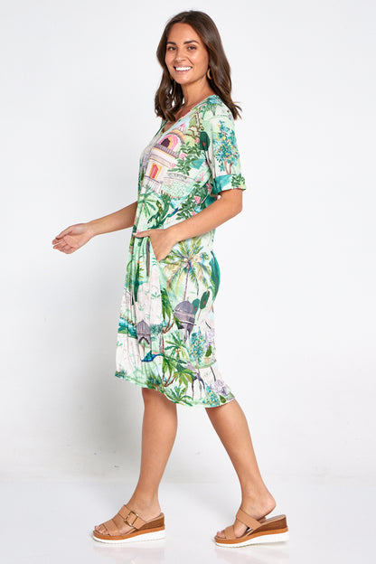 Short Sleeve Bubble Dress - Green Garden Print