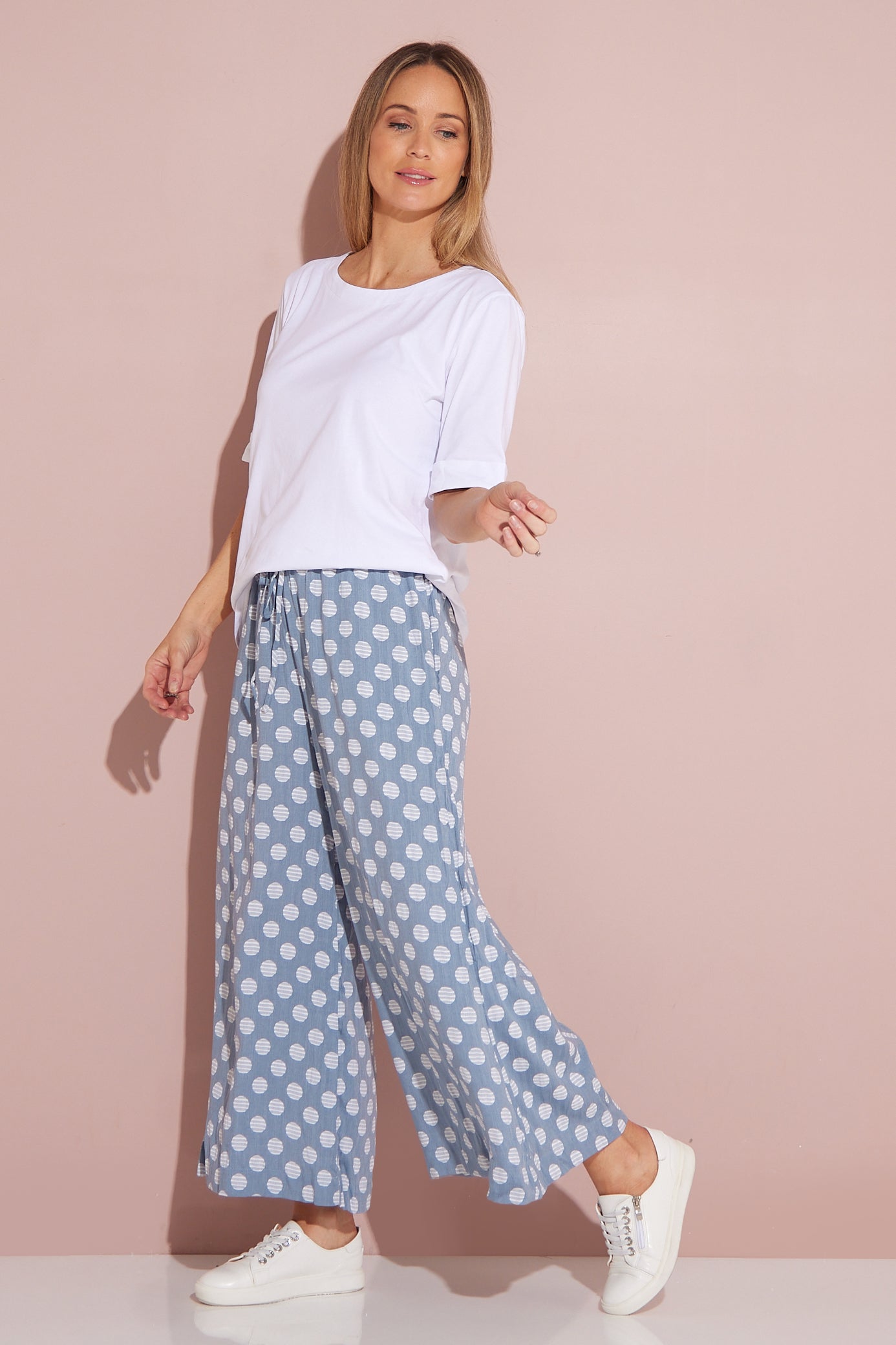 Cleo Wide Leg Drawstring Pants - Denim Blue/Spot