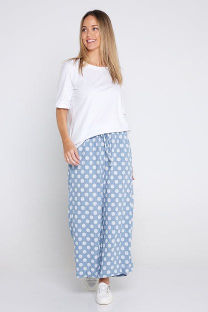 Cleo Wide Leg Drawstring Pants - Denim Blue/Spot