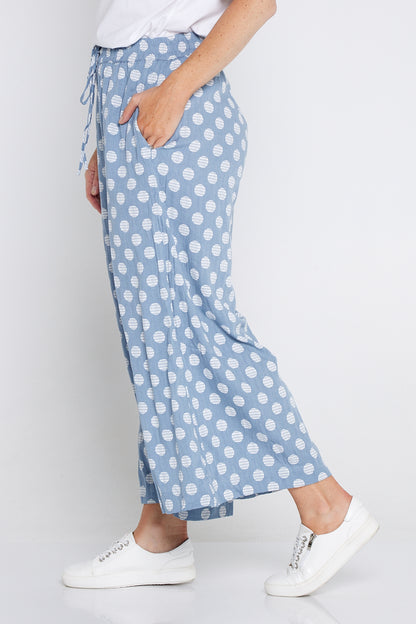 Cleo Wide Leg Drawstring Pants - Denim Blue/Spot