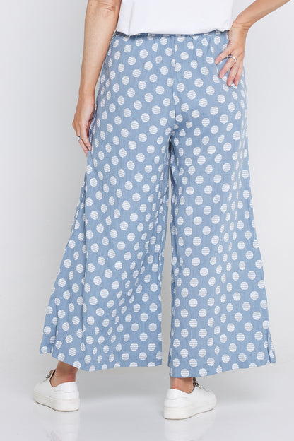 Cleo Wide Leg Drawstring Pants - Denim Blue/Spot