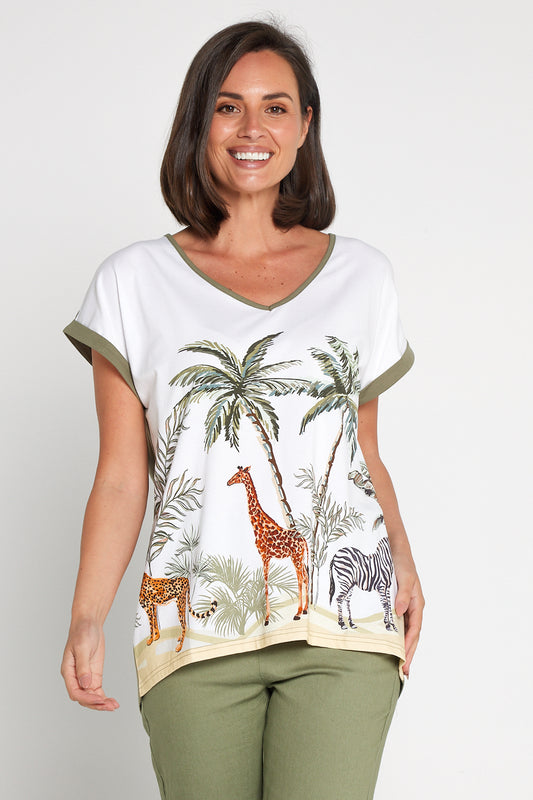 Africa Drop Shoulder Cotton Tee - White/Khaki