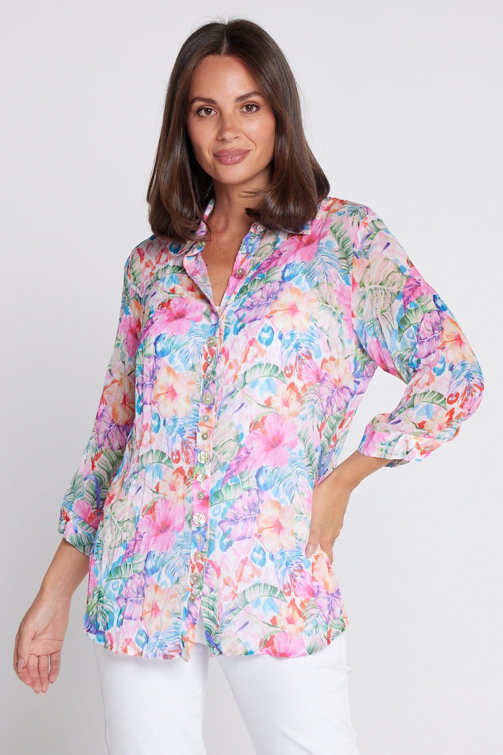 Georgette Digital Print Shirt - Sapphire Blooms (Pink Floral)