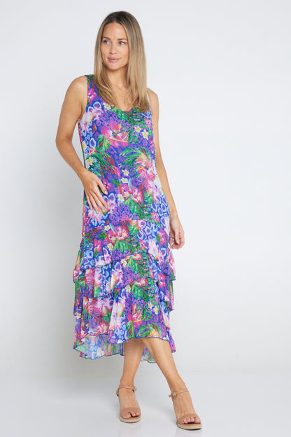 Georgette Digital Print Tiered Dress - Sapphire Blooms