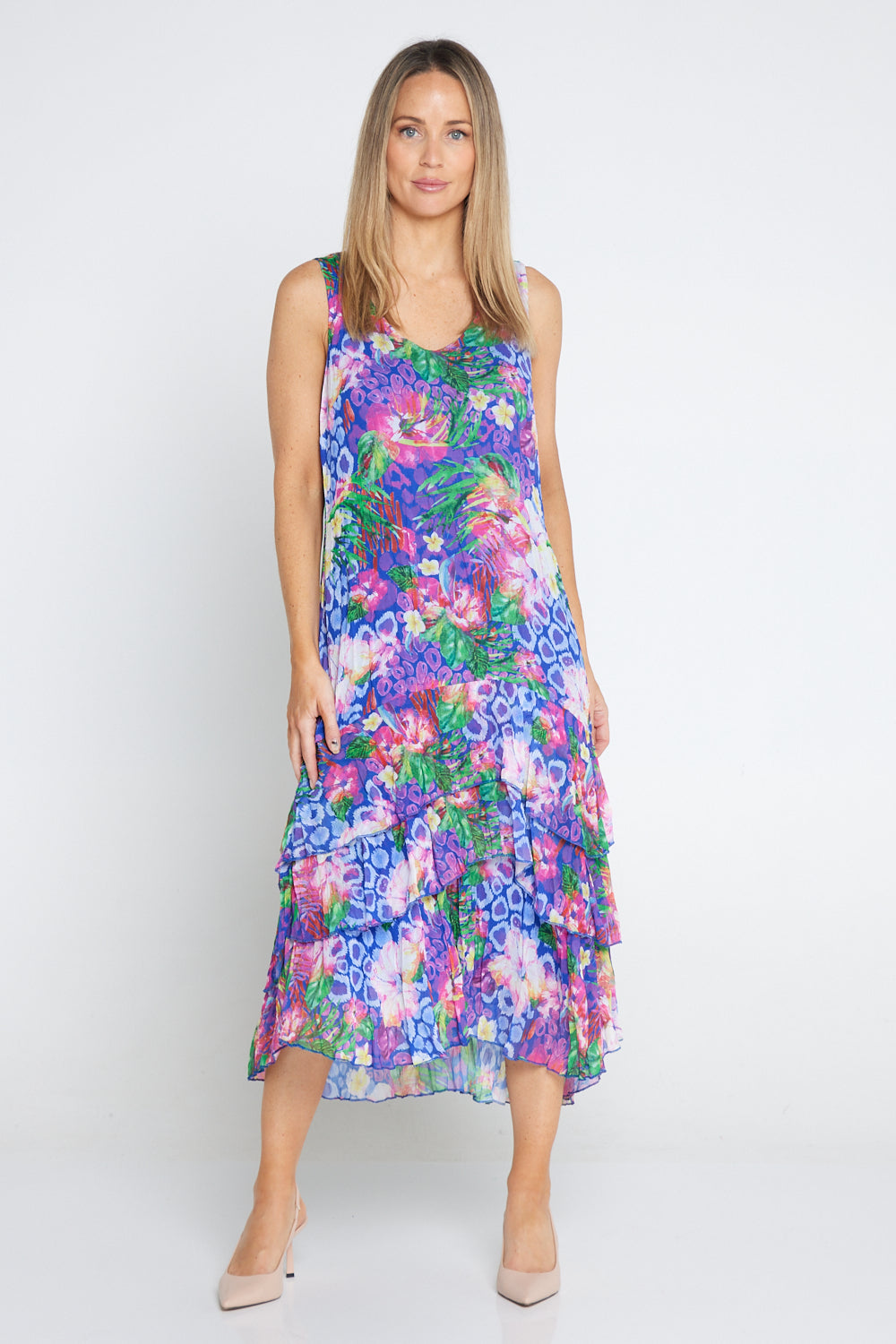 Georgette Digital Print Tiered Dress - Sapphire Blooms