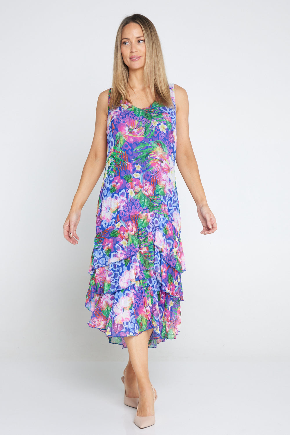 Georgette Digital Print Tiered Dress - Sapphire Blooms