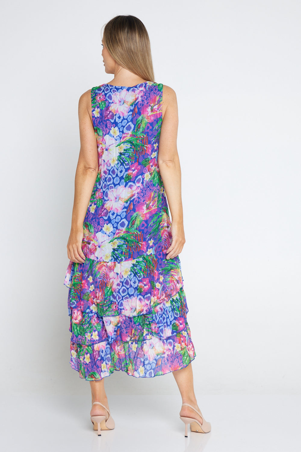 Georgette Digital Print Tiered Dress - Sapphire Blooms