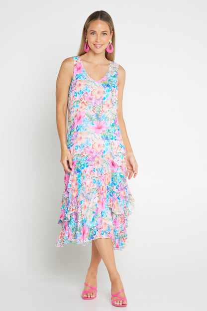 Georgette Digital Print Tiered Dress - Sapphire Blooms (Pink Floral)