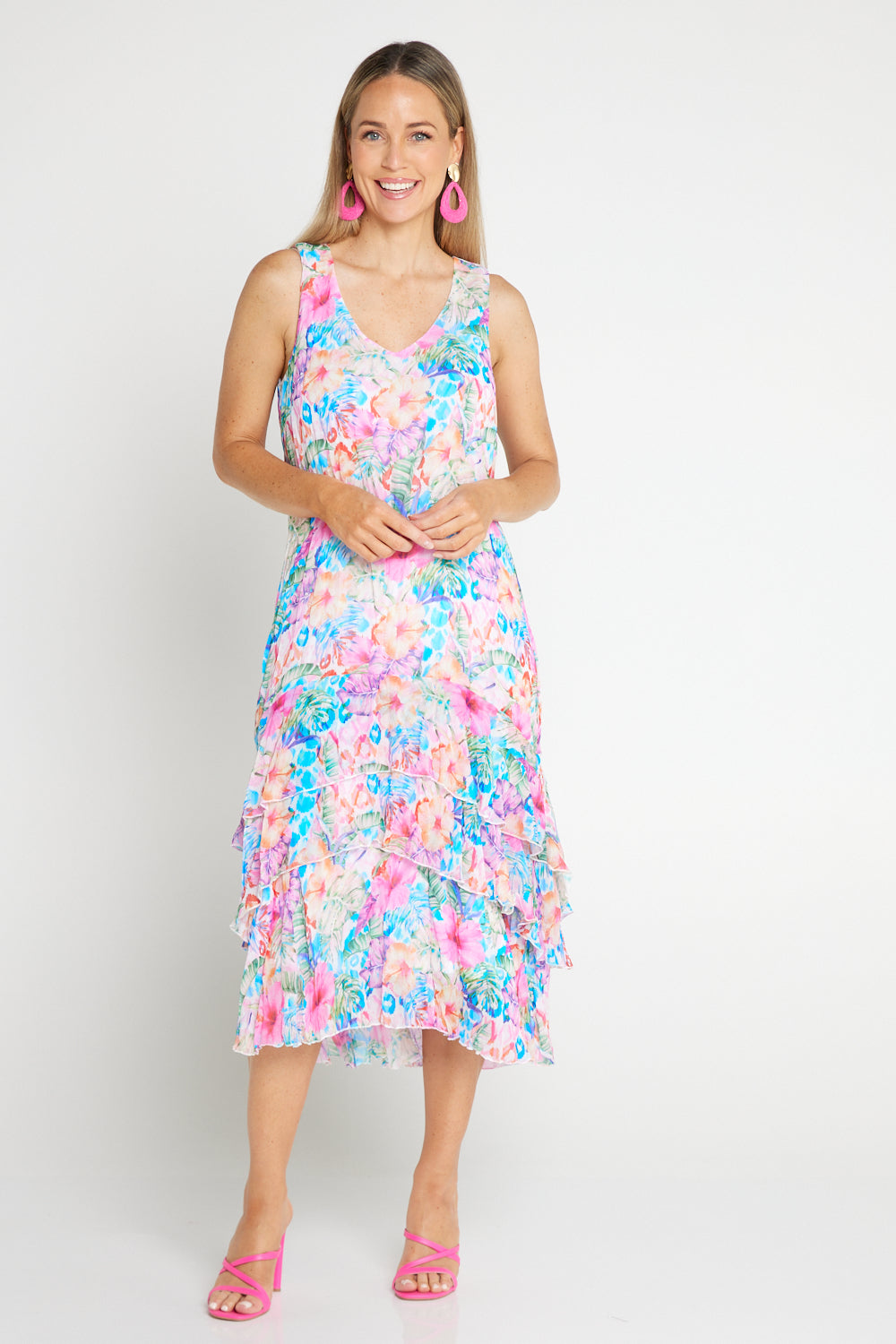 Georgette Digital Print Tiered Dress - Sapphire Blooms (Pink Floral)