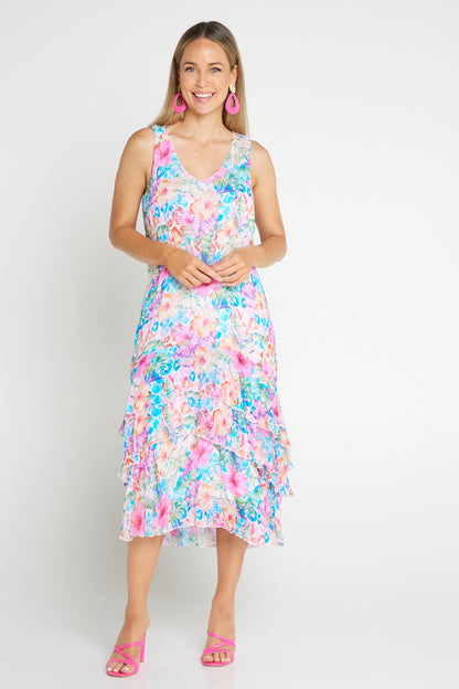 Georgette Digital Print Tiered Dress - Sapphire Blooms (Pink Floral)