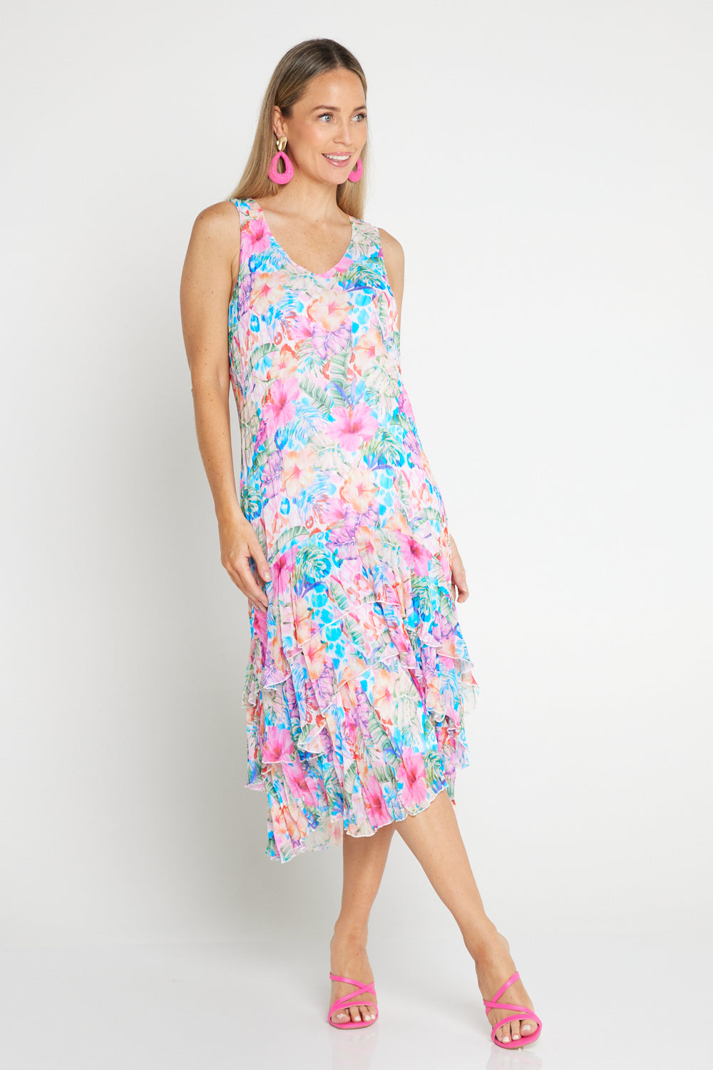 Georgette Digital Print Tiered Dress - Sapphire Blooms (Pink Floral)