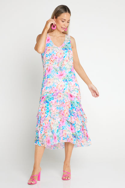 Georgette Digital Print Tiered Dress - Sapphire Blooms (Pink Floral)