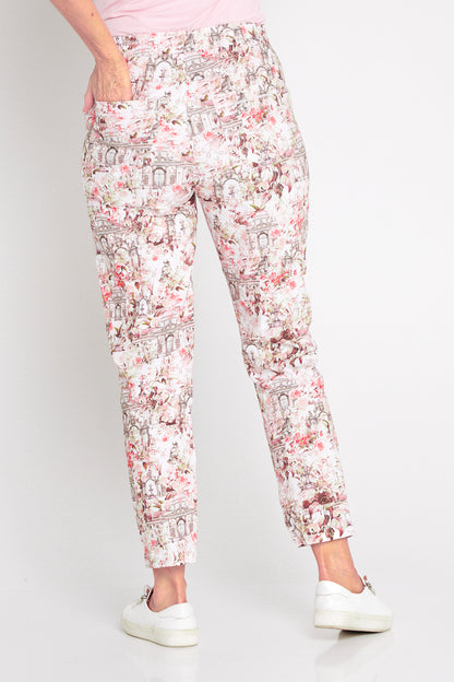 Printed Crushed Drawstring Pants - Floral Buildings