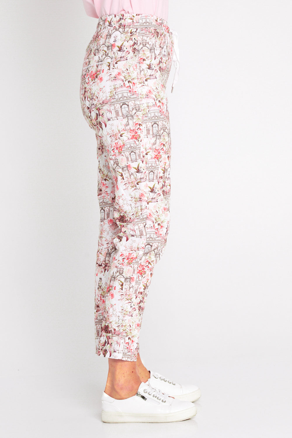 Printed Crushed Drawstring Pants - Floral Buildings