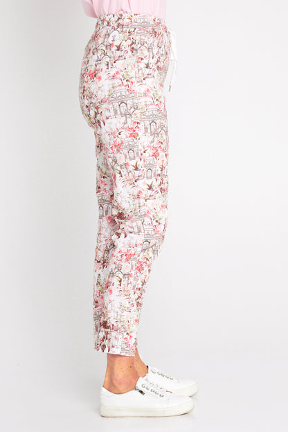 Printed Crushed Drawstring Pants - Floral Buildings