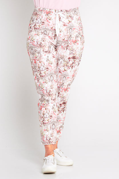 Printed Crushed Drawstring Pants - Floral Buildings