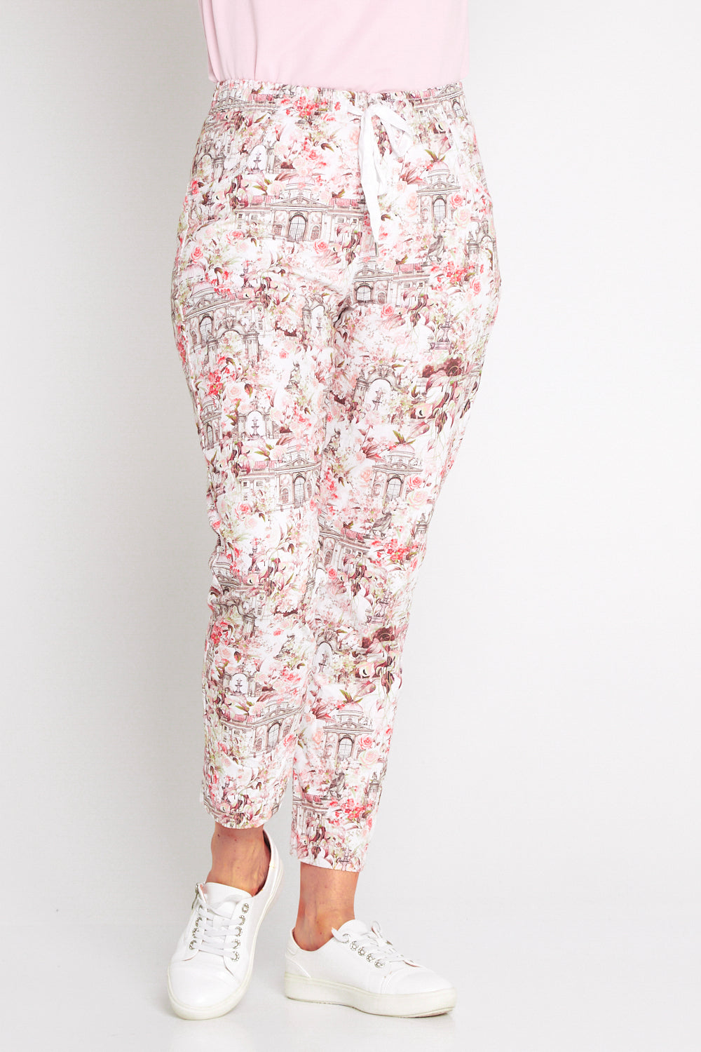 Printed Crushed Drawstring Pants - Floral Buildings