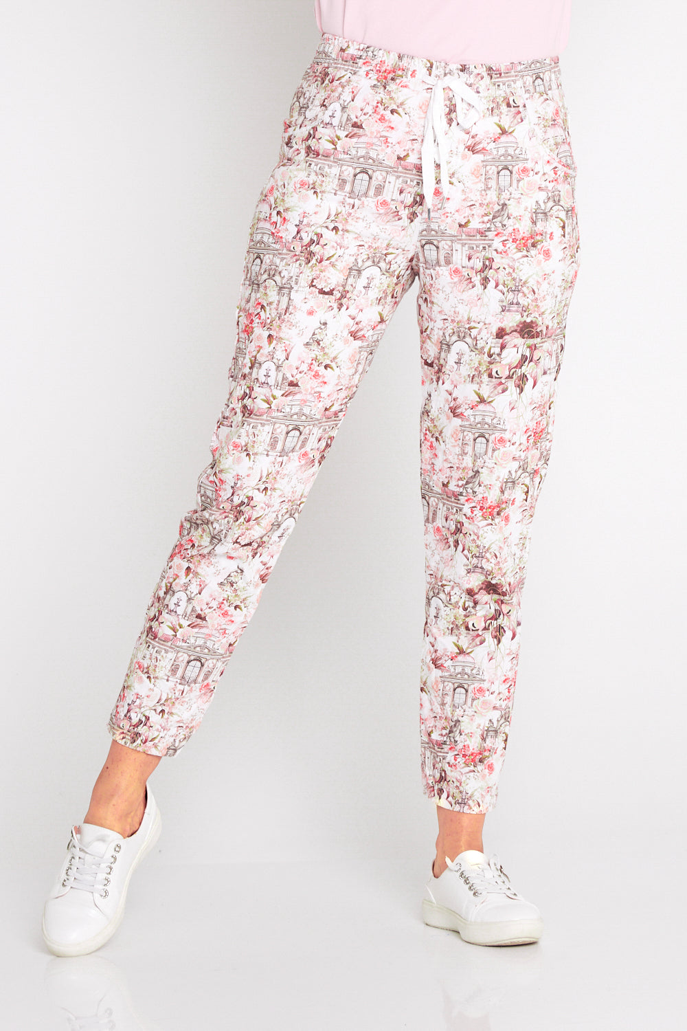 Printed Crushed Drawstring Pants - Floral Buildings