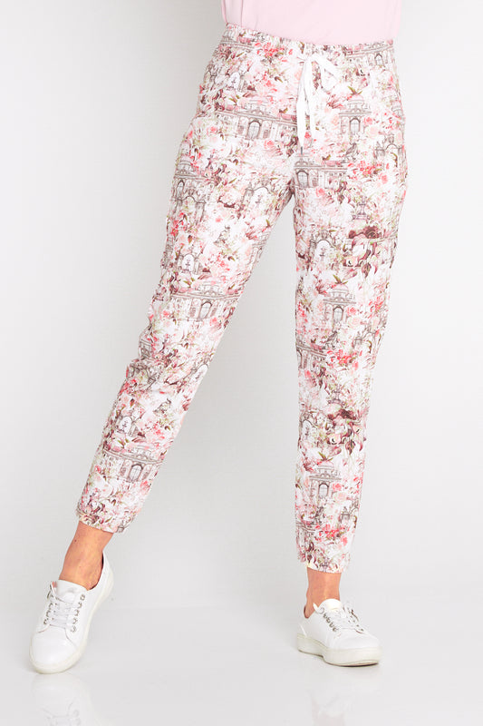 Printed Crushed Drawstring Pants - Floral Buildings