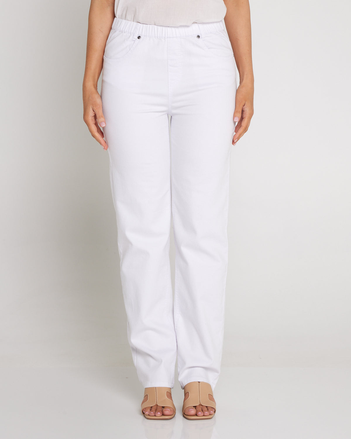 Straight Leg Pull On Stretch Jeans - White